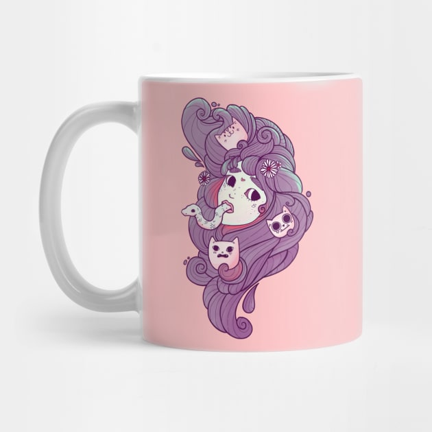 Dreamy Girl Head With Cats And Snake Art by cellsdividing